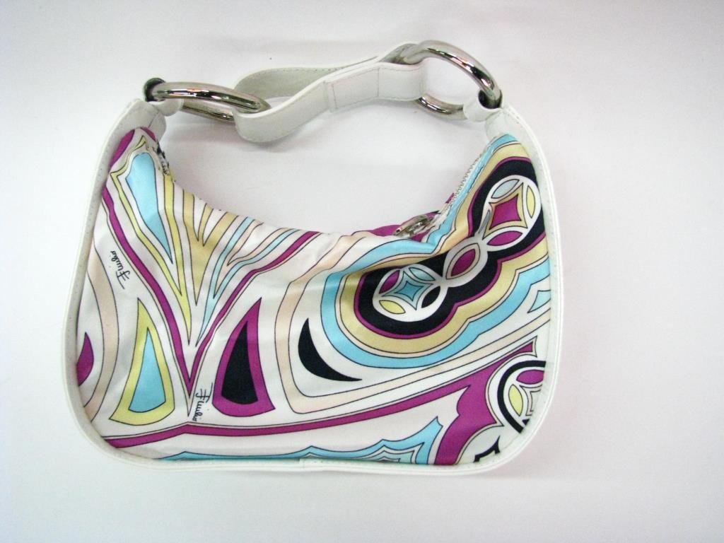 Emilio Pucci Silk Scarf Print "Mini" Purse: Emilio Pucci silk scarf print "mini" purse. Purse features classic Pucci print sides with white patent leather trim and handle. Zip top closure, silver tone hardware. Interior is lined in black with s