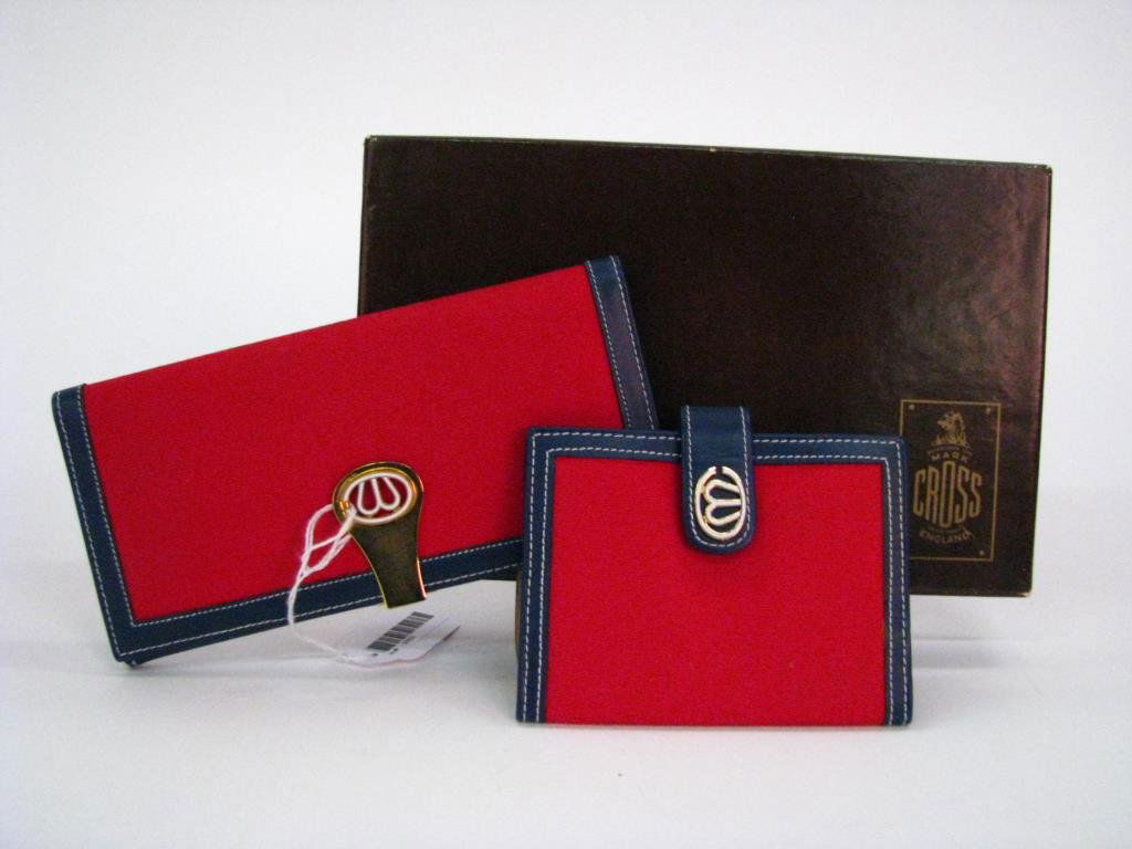 Mark Cross Checkbook Cover, Matching Card Holder: Mark Cross red canvas and blue leather checkbook cover/wallet with matching card holder. Checkbook/wallet has blue leather envelope snap close compartment and lift top logo clasp on other side. (new i