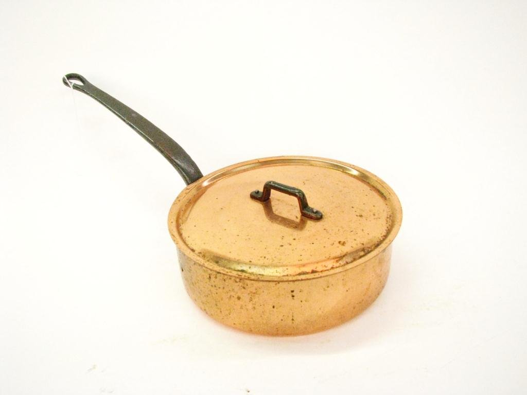 French Copper Lidded Skillet: A copper lidded skillet, made in France, 10" diameter, cast iron handle (some scratches and oxidation)