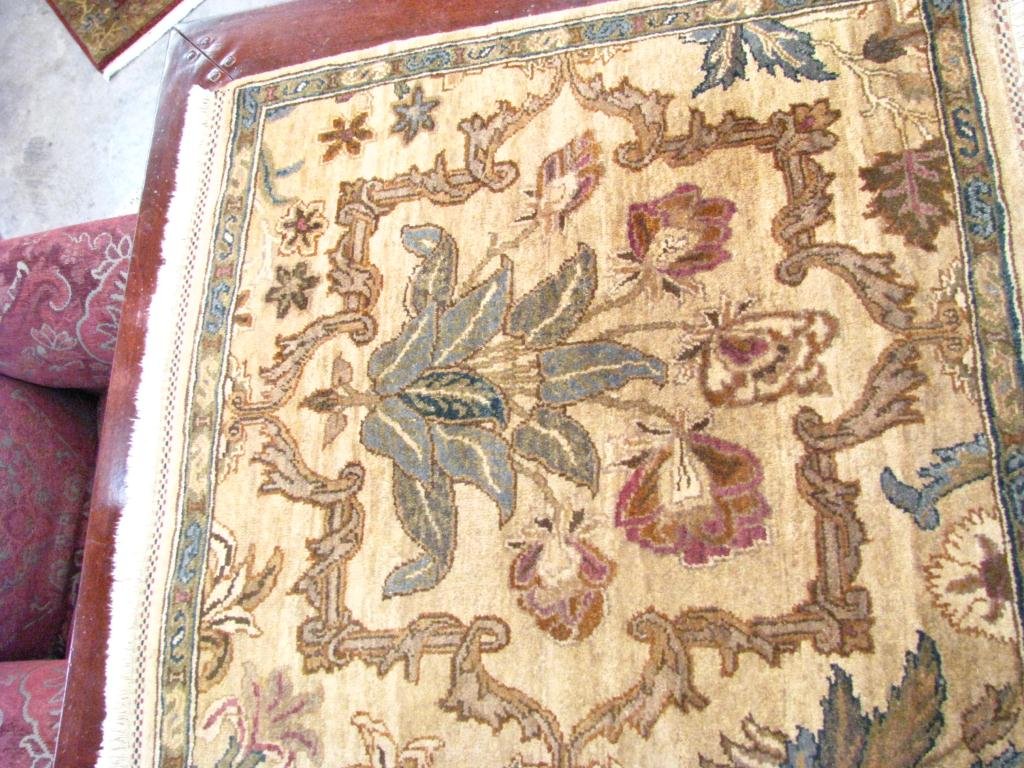 India Agra Area Rug: An India Agra area rug, 2'10" x 2'11", beige and green