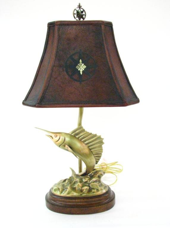 Decorator Marlin Lamp with Leather Shade: A decorator marlin lamp with embossed leather shade, 28" high
