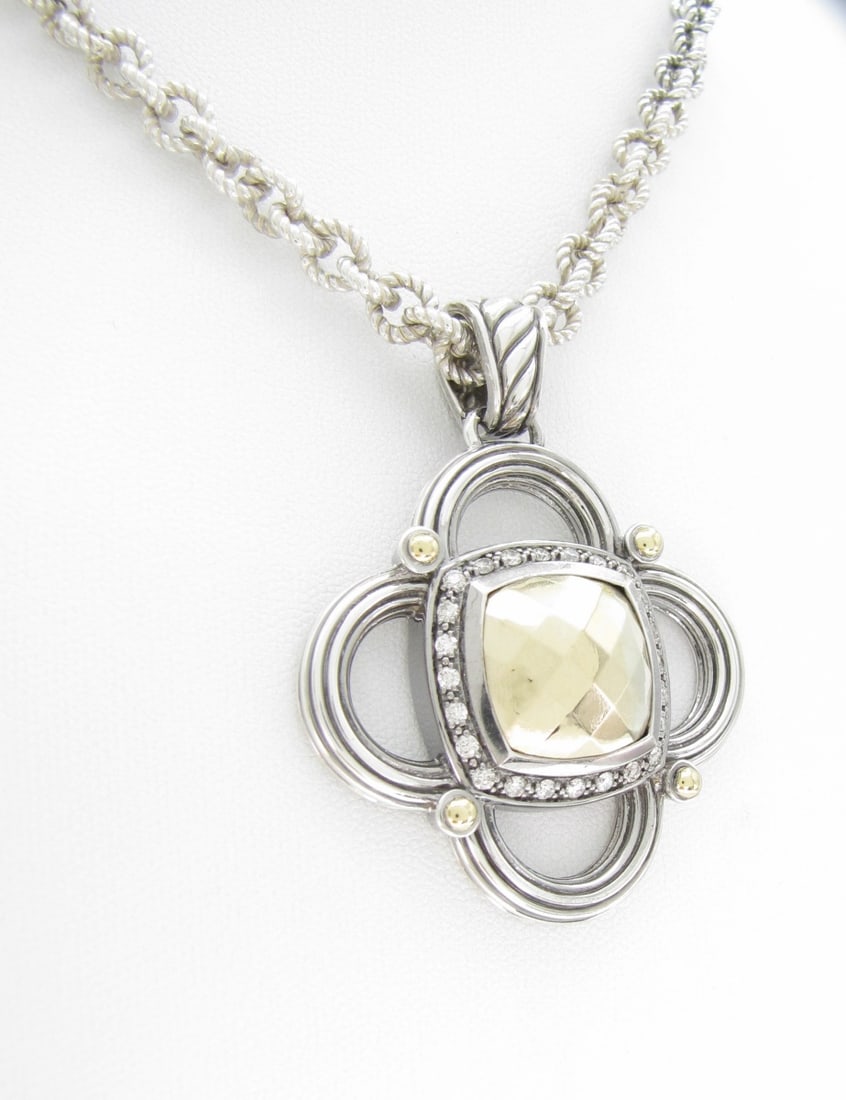 18K YG Sterling David Yurman Diamond Necklace: An 18K yellow gold and sterling silver David Yurman large quatrefoil pendant with diamonds, on heavy link chain with toggle clasp, 18" long. Pendant approximately 2" x 1.5" Retail $1,850