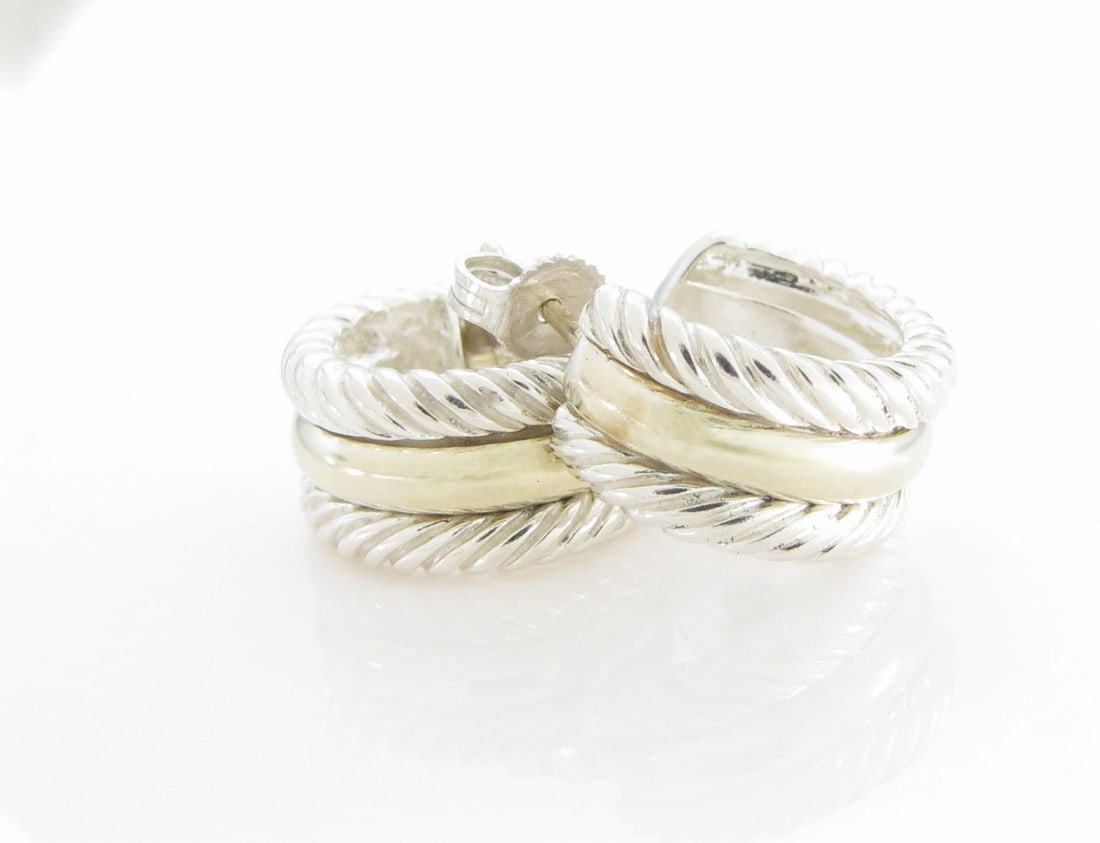 David Yurman 14K, Sterling Huggie Hoop Earrings: A pair of like new 14K yellow gold and sterling silver David Yurman huggie hoop earrings. 4.3dwt, .50" diameter,