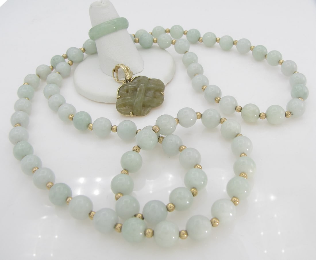 14K Jade Pendant, Band Ring and Bead Necklace (1 of 7)