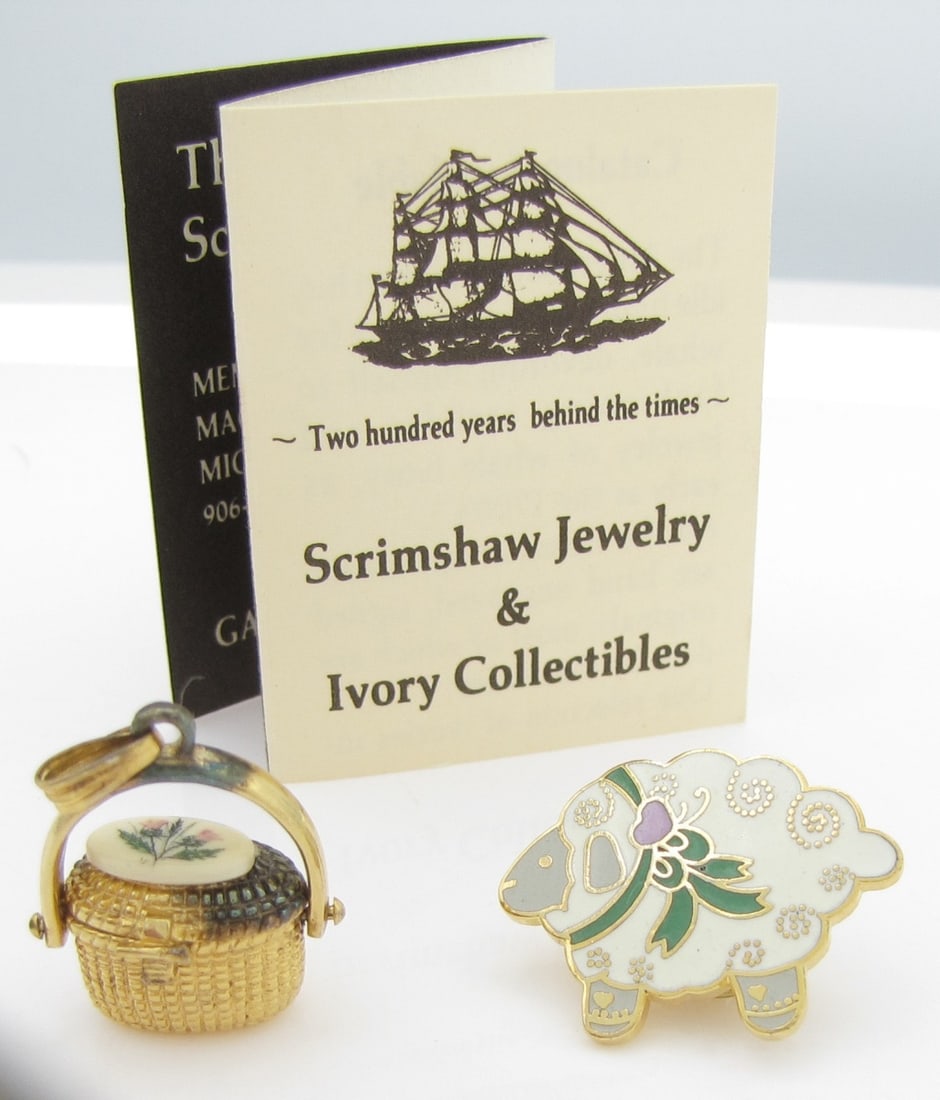 Nantucket Basket Locket and Little Bo Peep Pin: A gold plated .925 Nantucket basket illegibly signed (Doucette??), with handpainted scrimshaw by Kiracofe (scrimshaw needs reattached), approximately 1.125" x .75"; and a Vanessa Ann Collection