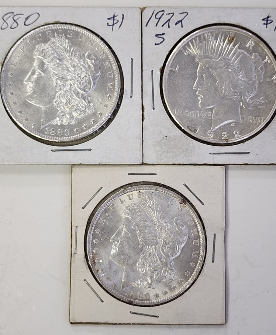 (3) US Silver Dollars, Peace, Morgan: (3) US Silver Dollars, Peace, Morgan, including 1922-S Peace dollar, 1880-NM Morgan, 1896-NM Morgan