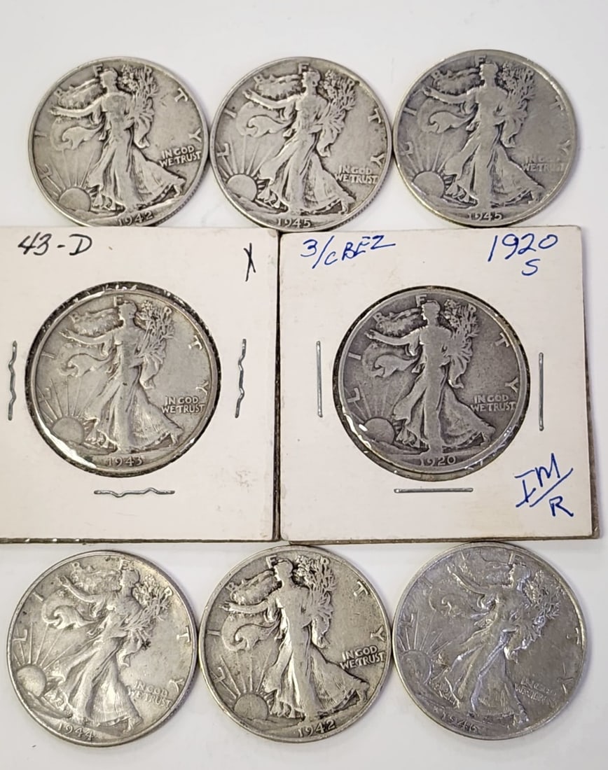 (8) Walking Liberty Silver Half Dollars: (8) Walking Liberty Silver Half Dollars, oldest is 1920-S, rest are ca 1940s