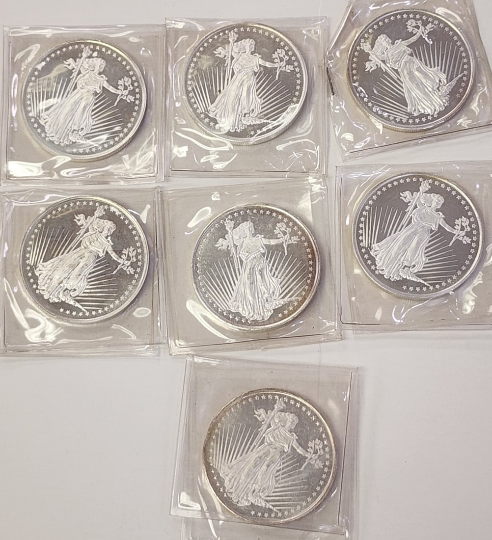 (7) Silver Towne .999 Silver Rounds: (7) Silver Towne 1ozt,.999 Silver Rounds, Saint Gaudens replicas