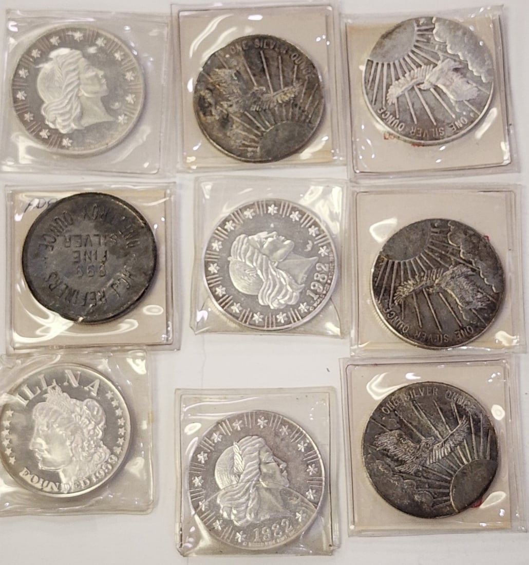(9) .999 Silver 1ozt Coin Rounds: (9) .999 Silver 1ozt Coin Rounds, including (4) South East Refining, FL, one Ill NA State convention, one HCJ Refiners, (2) 1982 World Wide Mint, and one 1981 World Wide Mint