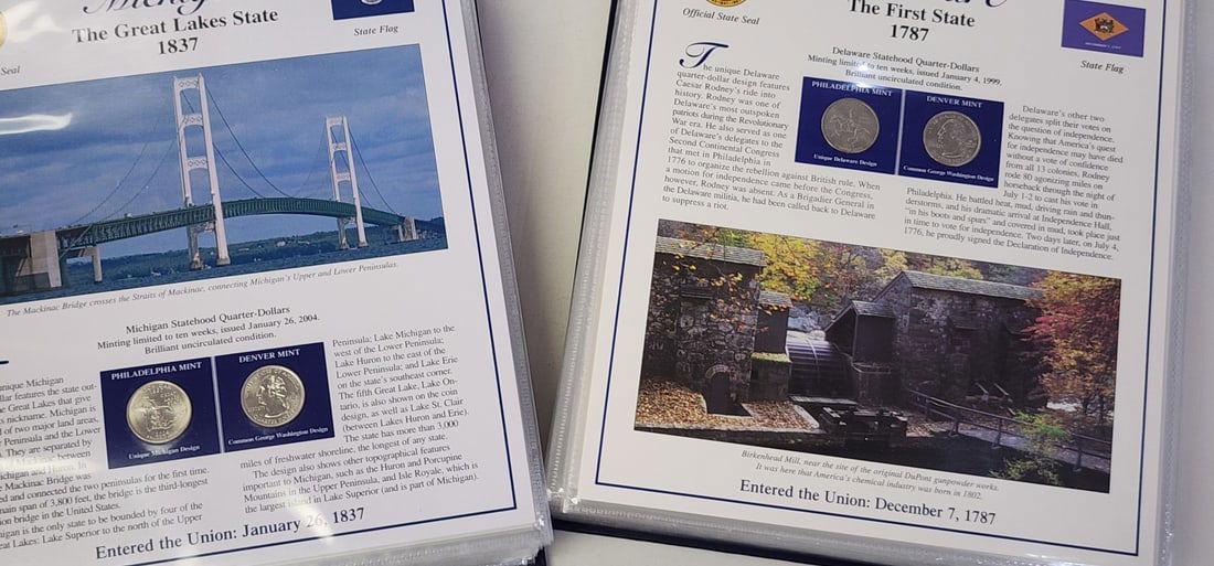 Statehood Quarters Collection Volumes 1 and 2: Statehood Quarters Collection Volumes 1 and 2, Postal Commemorative Society set, (112) uncirculated quarters total, with statehood information and corresponding stamps en verso of each sheet, this