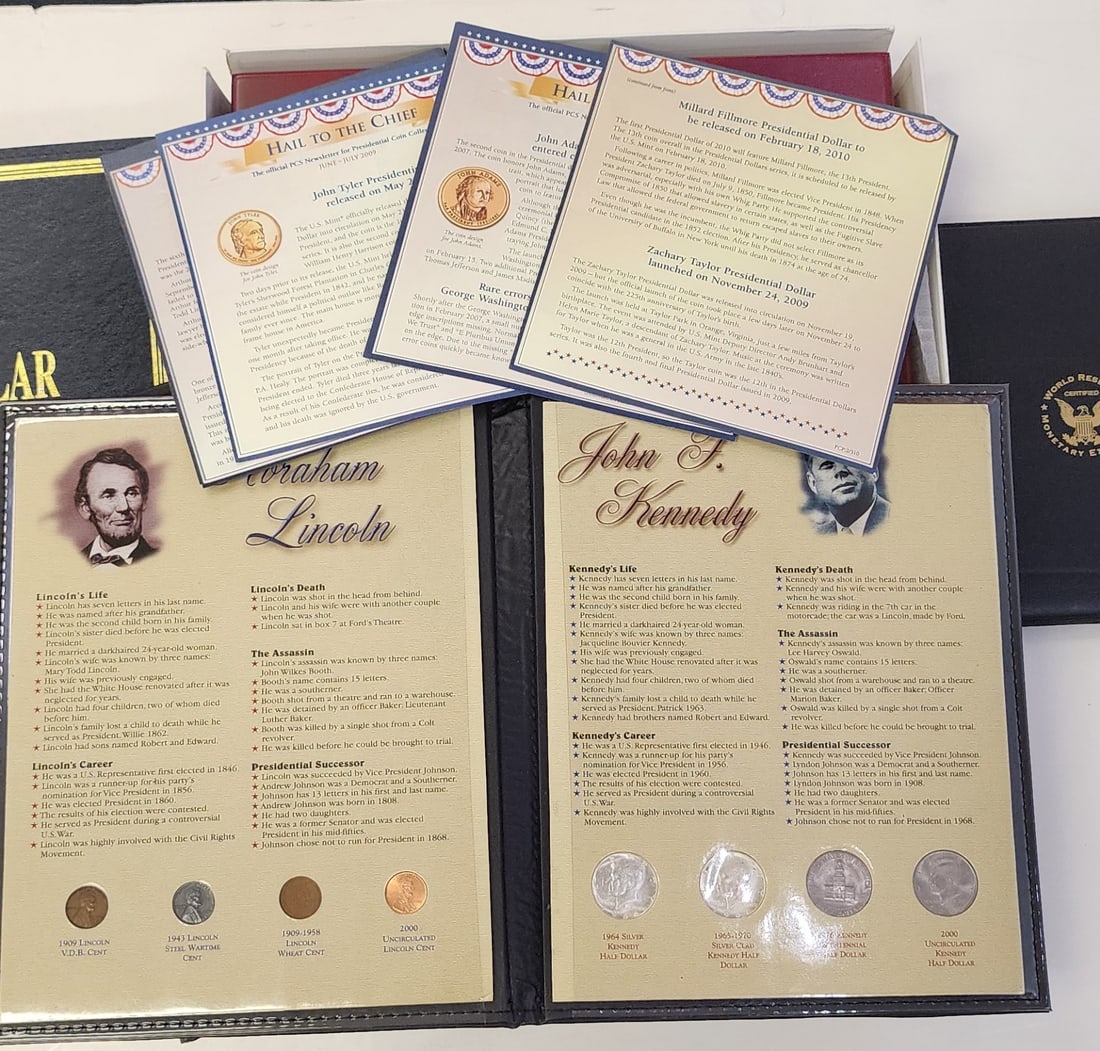 Group of US Coins and Presentation Items: Group of US Coins and Presentation Items, including (2) US Commemorative Gallery, with Lincoln and Kennedy coins (one incomplete), and Morgan Silver Dollar presentation folio (empty), and silver dolla