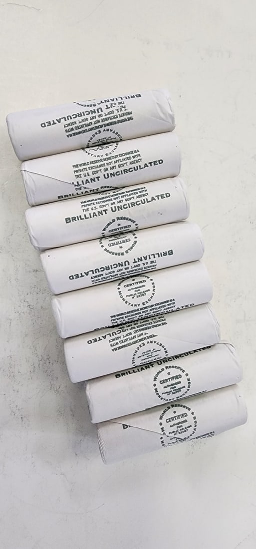 (8) Rolls WRME Jefferson/Buffalo Nickels: (8) Rolls WRME (World Reserve Monetary Exchange) Brilliant Uncirculated Jefferson/Buffalo Nickels, not US currency (this lot is subject to IN sales tax)