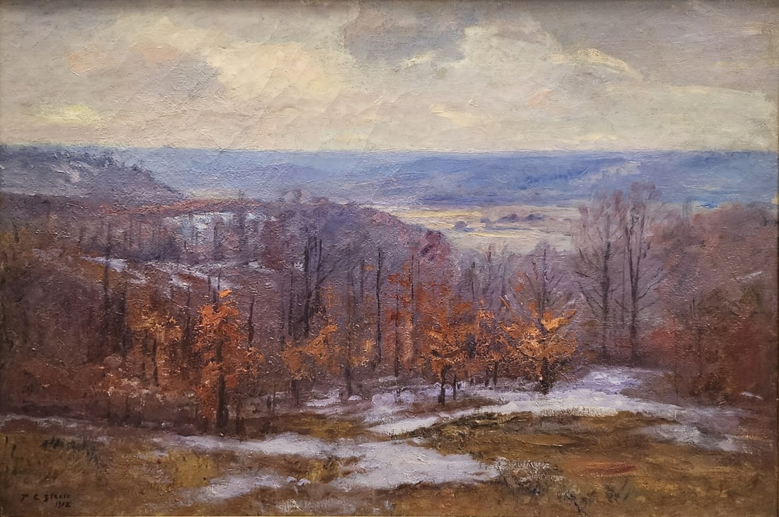 T.C. Steele 30x45 O/C "The First Snow": T.C. Steele (Amer. 1847-1926) 30x45 , O/C , Signed lower left, 1912 , "The First Snow" , Condition: Fine 22K gold gilt, hand-carved, period-style frame. , Provenance: Private Collection, Fishers, Indi