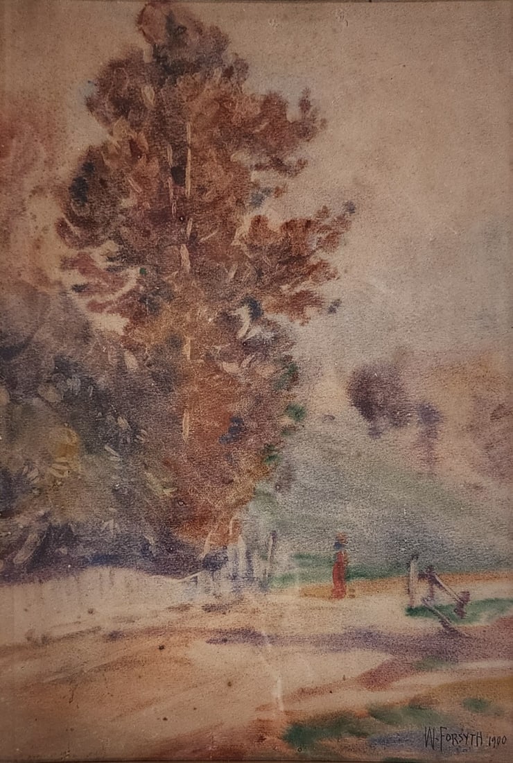 William Forsyth 14.5x10 WC "...LaRue's, Brookville: William Forsyth (Amer. 1854-1935) 14.5x10 , WC , Signed/Dated lower right , "...LaRue's, Brookville" , Titled: "Foggy Morning, LaRue's Brookville, 1900 Size as framed 24.5" x 20"