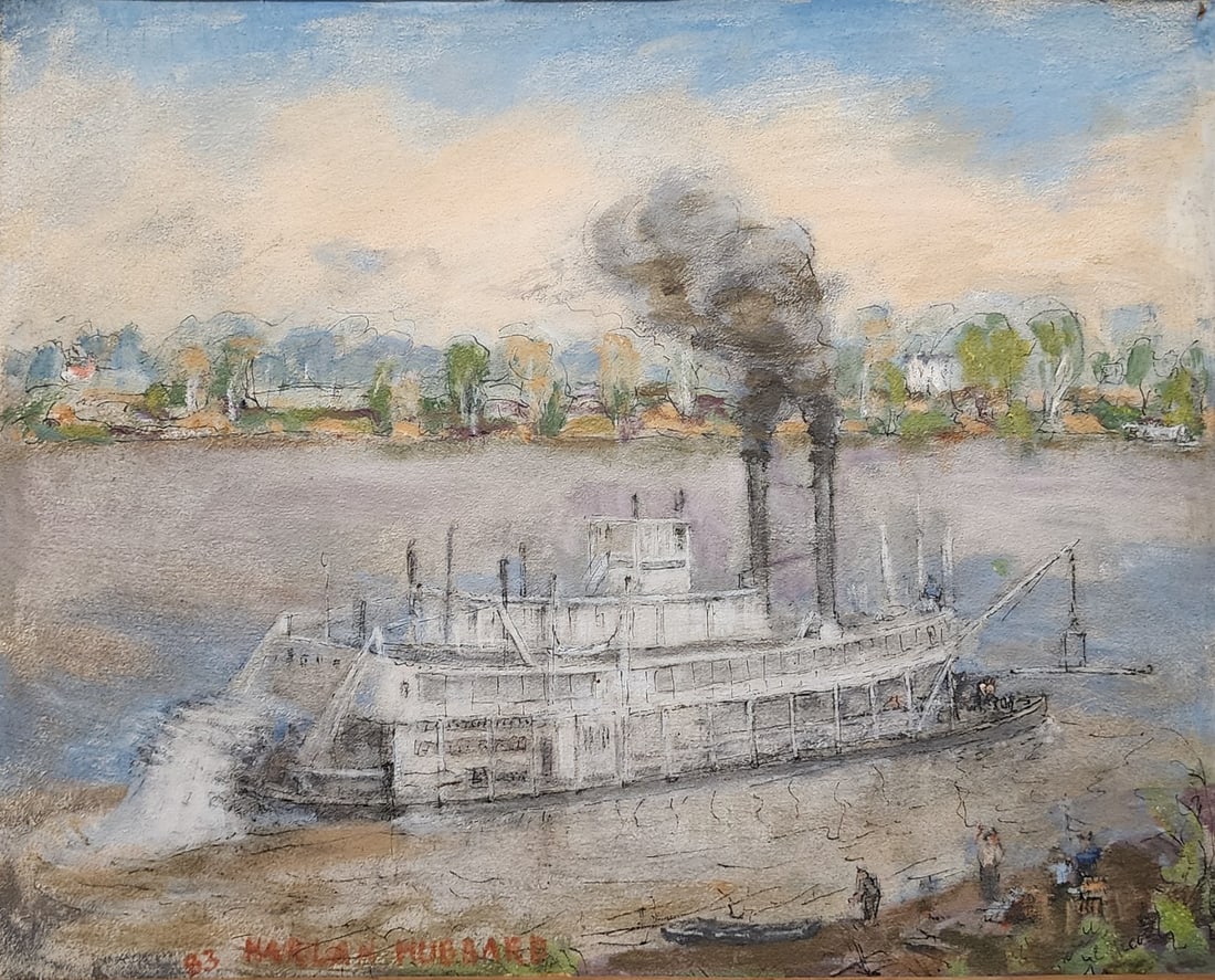 Harlan Hubbard 14x18 O/B Ohio River Paddlewheeler: Harlan Hubbard (KY/IN, 1900-1988) 14x18 , O/B , signed lower left, 1983 , Ohio River Paddlewheeler , Provenance: given to our consignor Dr and Mrs Reed, as a wedding present, ca 1983, following a visi