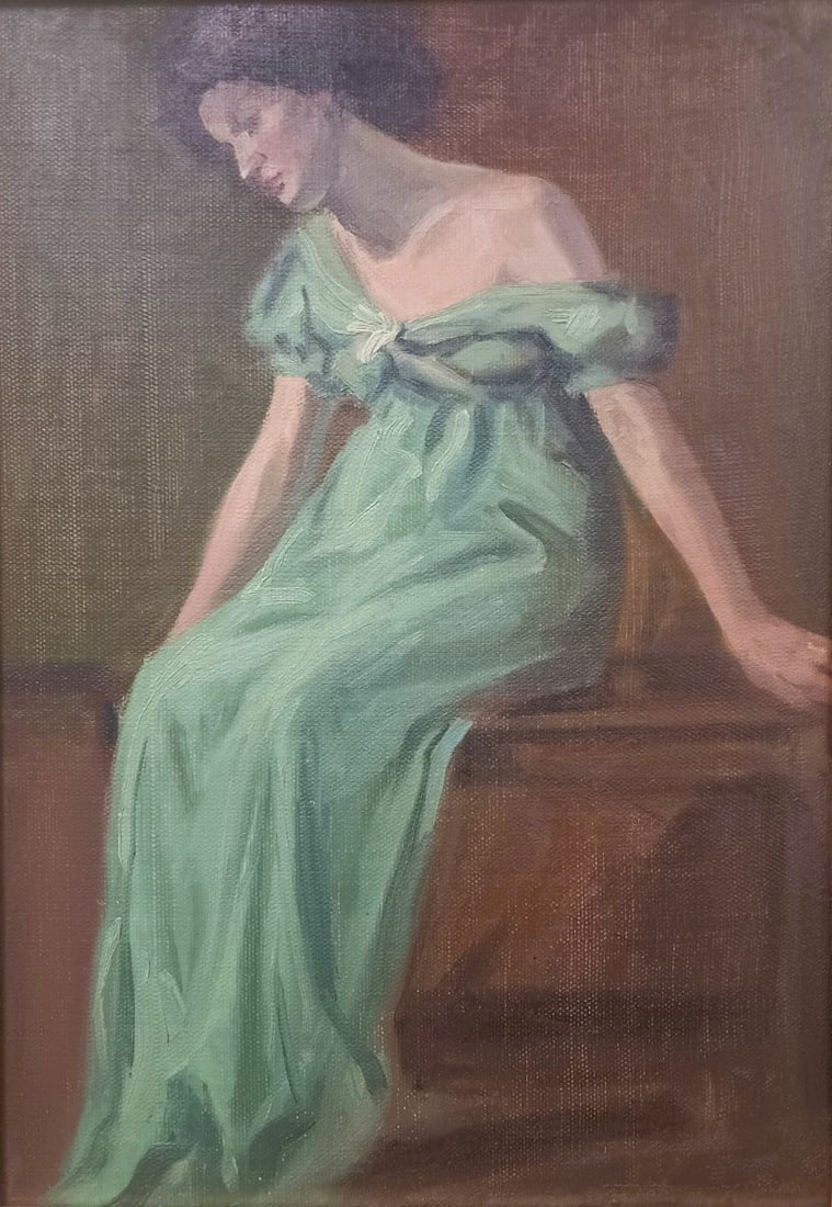 L.O. Griffith 15x10 O/B "The Gown": L.O. Griffith (American, 1875-1956) 15x10 , O/B , unsigned, with LOA , "The Gown" , Depicting: female in green dress, ca 1900 with Letter of Authenticity from the artist's grandson, presented in gold 