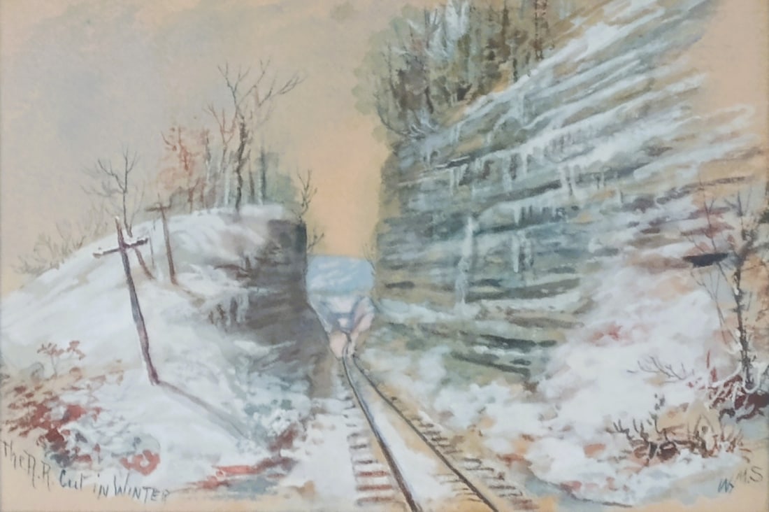 Wm McKendree Snyder 7x11 WC, Gouache Railroad...: Wm McKendree Snyder (American, 1848-1930) 7x11 , WC, Gouache , signed lower right , Railroad... , Titled: "The Railroad Cut, in Winter" , Provenance: Tony Jordan Collection, Greenwood, Indiana; Walter