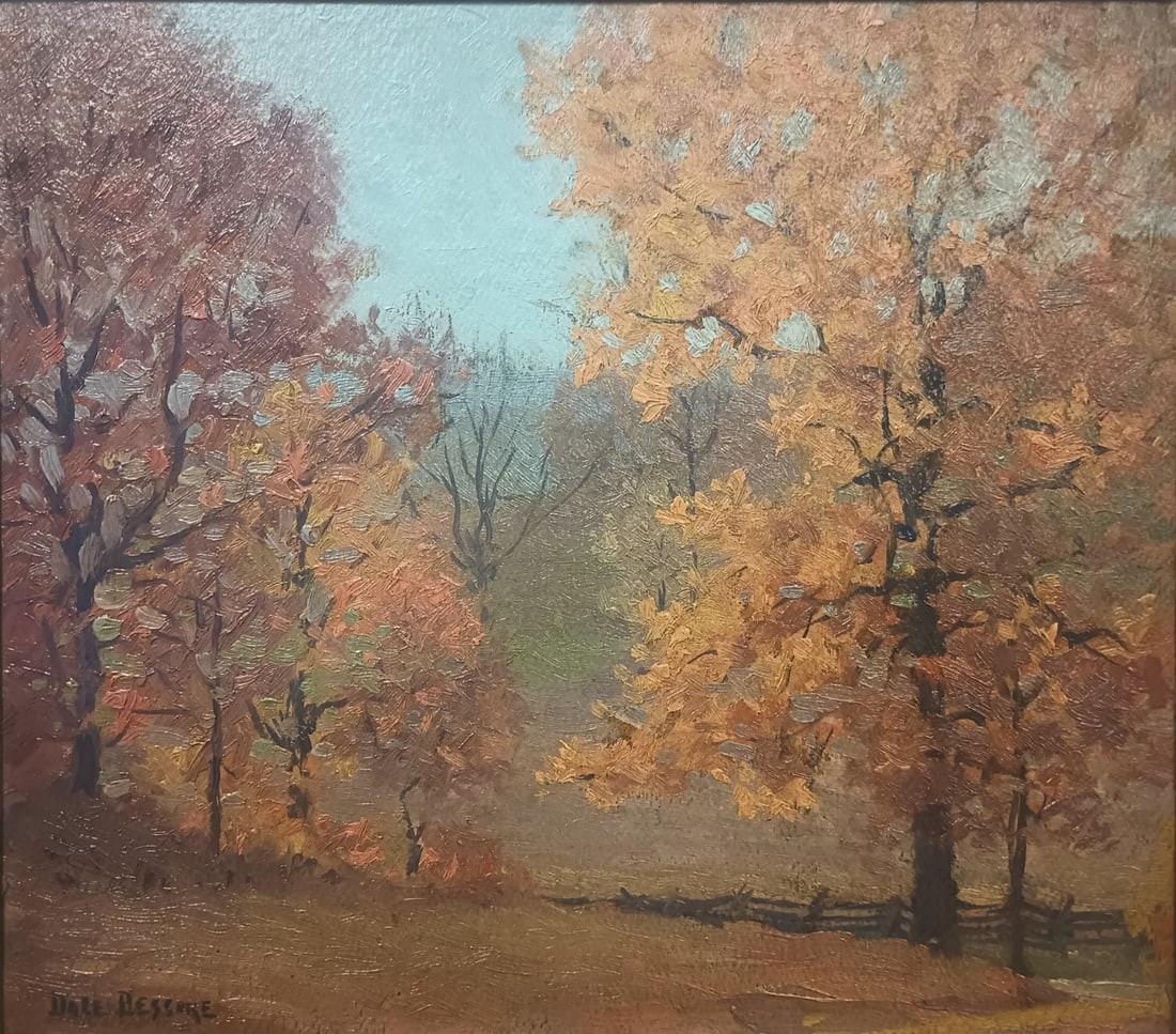 Dale Bessire 14x16 O/B "Autumn Oaks: Dale Bessire (IN, 1892-1974) 14x16 , O/B , signed lower left , "Autumn Oaks , Titled: titled in pencil, en verso , Provenance: Private collection, Illinois an early example, ca 1920s, presented in ori
