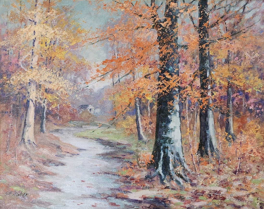 George Herbert Baker 16x20 O/B "Autumn Landscape": George Herbert Baker (IN, 1878-1943) 16x20 , O/B , Signed lower left , "Autumn Landscape" , Depicting: Autumn woods with distant cabin Size as framed 19.5" x 23.5"