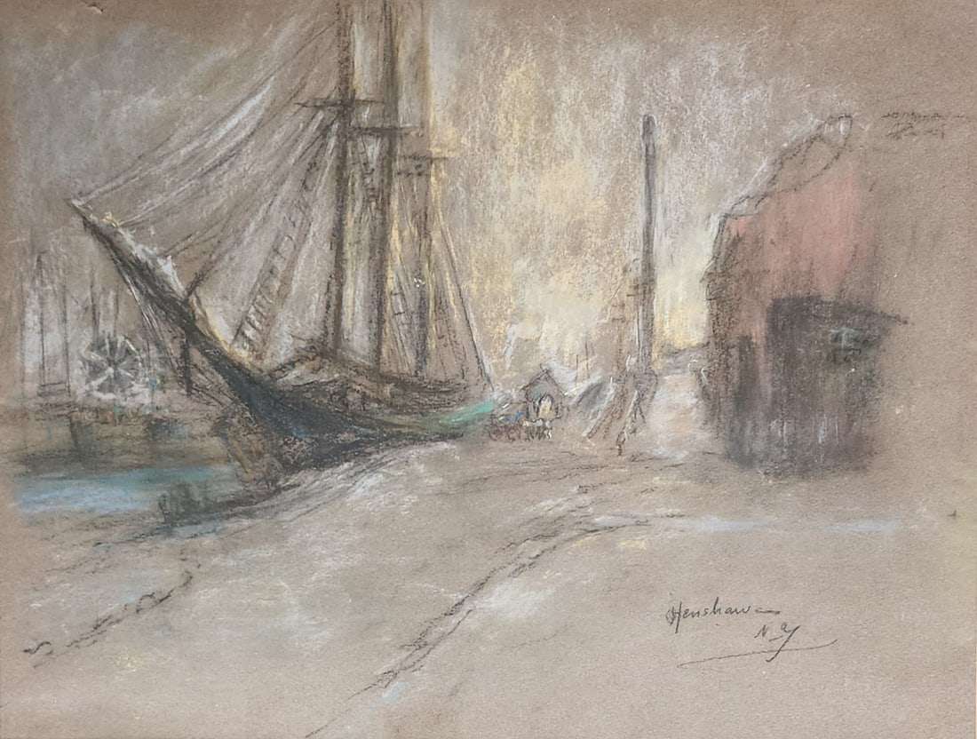 Glen Cooper Henshaw 16x21 Pastel New York Harbor: Glen Cooper Henshaw (IN/NY/MD, 1880-1946) 16x21 , Pastel , signed lower right, NY , New York Harbor , Condition: mat is water stained along one edge size as framed: 23.5 x 28.5