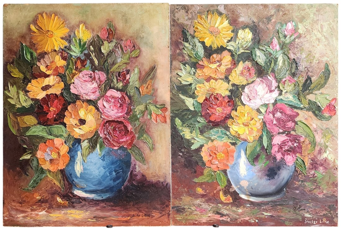 (2) Shirley Little 24x18 O/B Floral Still Life: (2) Shirley Little IN 20th Cent 24x18 , O/B , Floral Still Life Pair of 24x18 O/B Floral Still Life, unframed