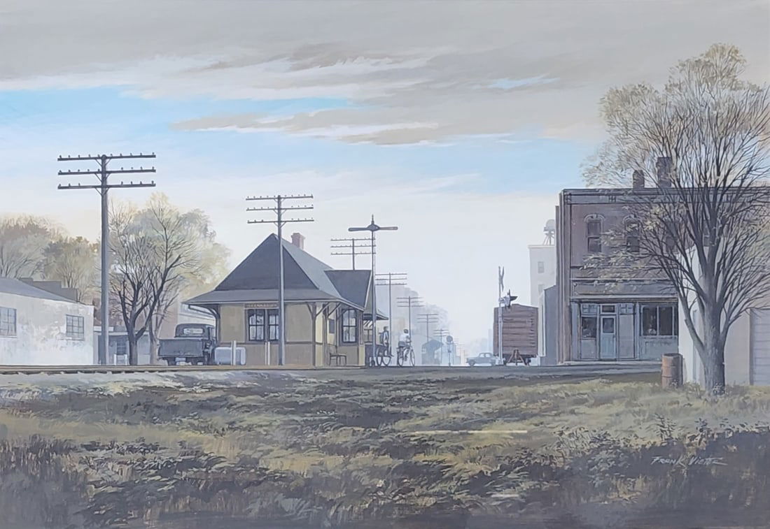 Frank Vietor 13x19 Acrylic "Saturday Afternoon": Frank Vietor (IN, 1919-2006) 13x19 , Acrylic , Signed lower right , "Saturday Afternoon" , Depicting: Indiana railroad depot , Provenance: Titled verso, Renditions Gallery Tag size as framed 23x29