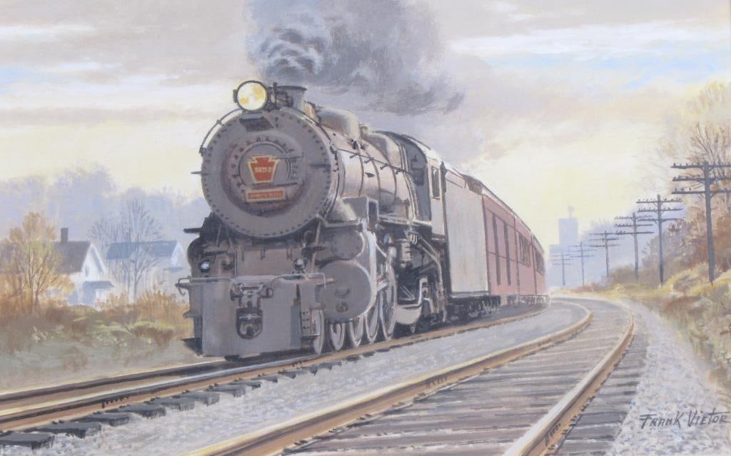 Frank Vietor 5.5x8.5 Acrylic Train in Suburbs: Frank Vietor (IN, 1919-2006) 5.5x8.5 , Acrylic , Signed Lower Right , Train in Suburbs Size as framed 10.63" x 10.63"