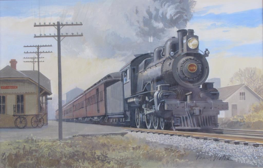 Frank Vietor 5.5x8.5 Acrylic Train Leaving Station: Frank Vietor (IN, 1919-2006) 5.5x8.5 , Acrylic , Signed lower right , Train Leaving Station Size as framed 9.75" x 12.75"