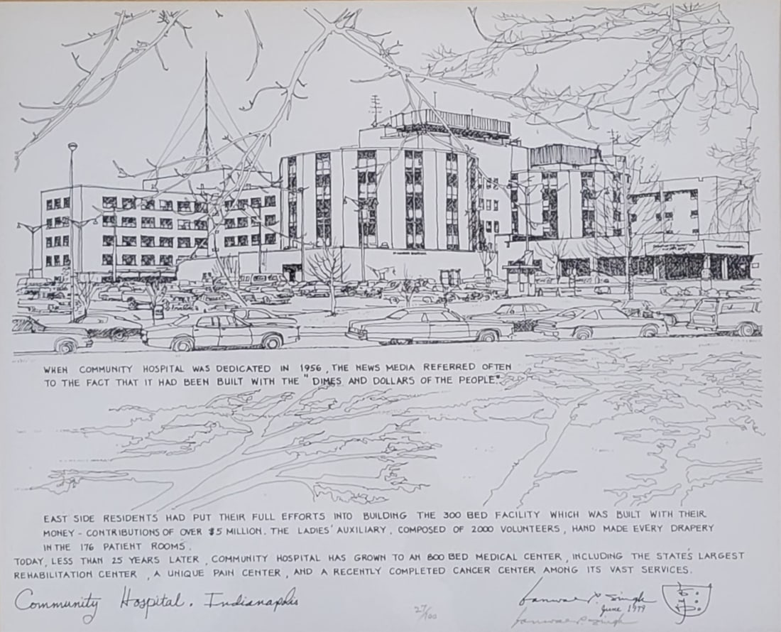KP Singh Lithograph, Community Hospital, Ltd Ed: KP Singh (IN, b 1931) lithograph, "Community Hospital, Indianapolis", June 1979, signed in pencil and numbered 27/100, size as framed: 18.75 x 21.5