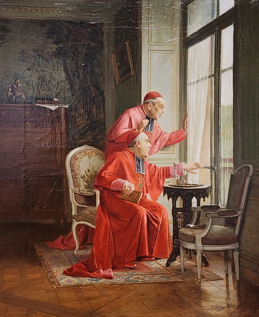 Victor Marais Milton 18x15 O/C "What's Happening?": Victor Marais Milton (France, 1872-1968) 18x15 , O/C , Signed lower right , "What's Happening?" , Depicting: Bishops peeking out window , Exhibited: Paris Exposition stamp verso , Inscribed: