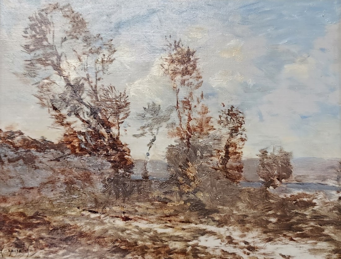 Henri-Joseph Harpignies 10.5x13.75 O/B Autumn Lake: Henri-Joseph Harpignies (1819-1916, France) 10.5x13.75 , O/B , Signed lower left , Autumn Lakeside View In carved, gold gilt frame. Size as framed 17" x 20.25"