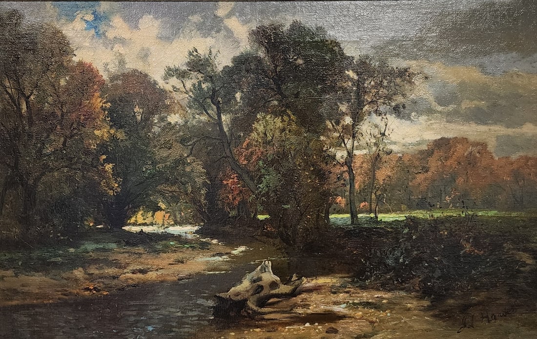 JL Hawes 14x22 O/C River Landscape: JL Hawes (American, late 19th C) 14x22 , O/C , signed lower right , River Landscape size as framed: 19x27