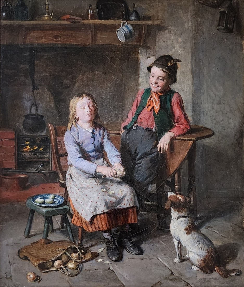 William Hemsley 13x11.5 O/C "Moved to Tears": William Hemsley (UK, 1819-1906) 13x11.5 , O/C , signed lower left , "Moved to Tears" Kurt Schon gallery, New Orleans, tag verso, presented in carved and gesso gold gilt frame, size as framed: 22.75 x