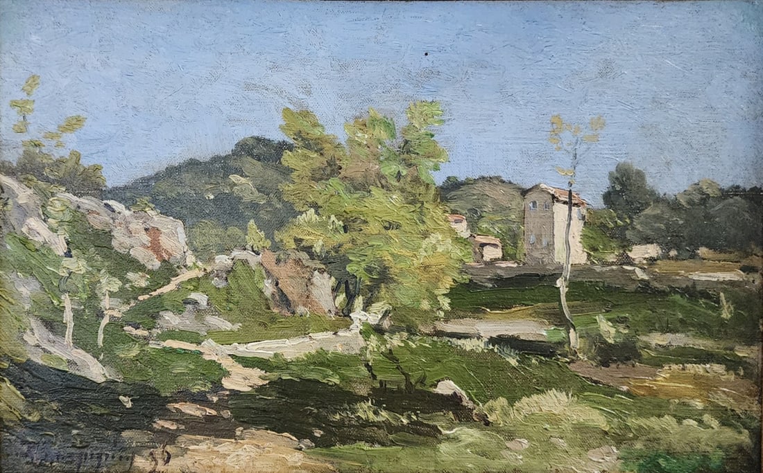Henri-Joseph Harpignies 8.5x13 O/C "..Fontainbleau: Henri-Joseph Harpignies (1819-1916, France) 8.5x13 , O/C , Signed lower left '86 , "..Fontainbleau" , Depicting: Rural Homestead Landscape , Titled: "Maison en foret de Fontainbleau" In ornately carve