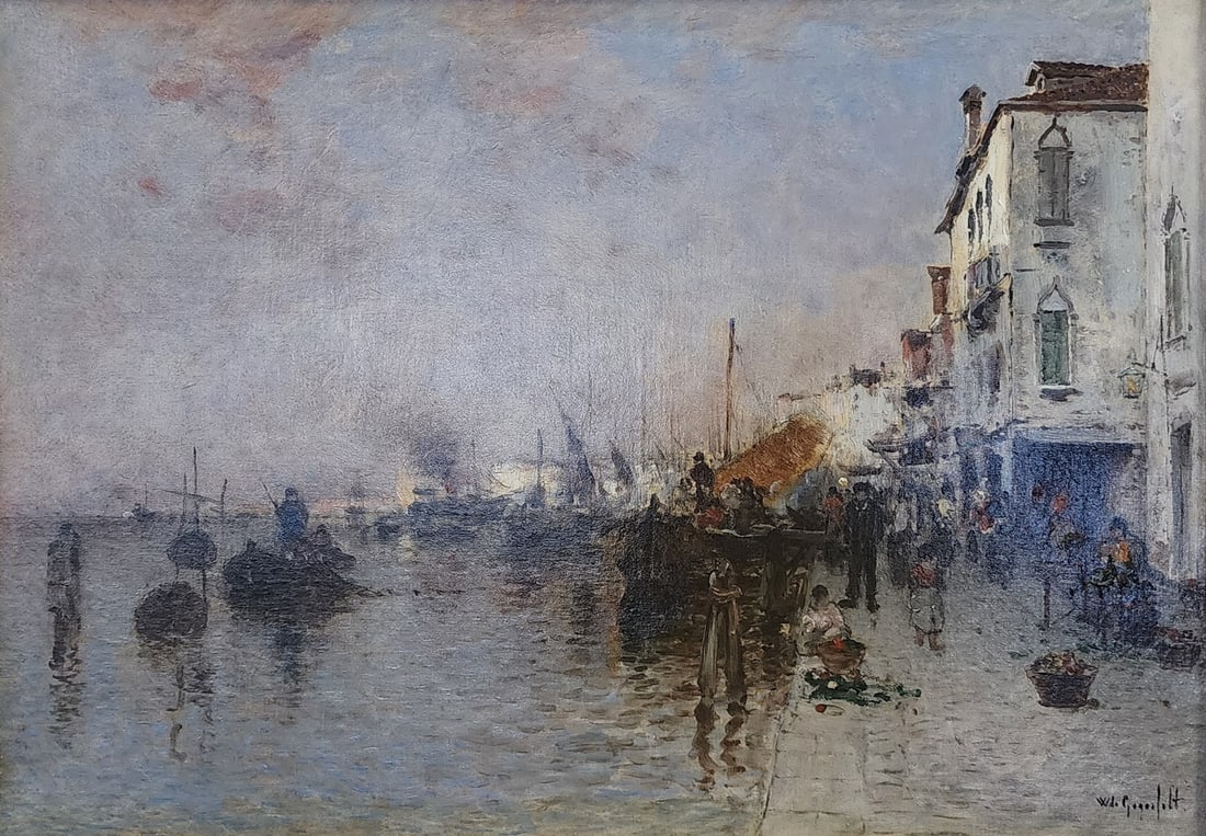 Wilhelm Von Gegerfelt 15.5x22 O/C Venetian Scene: Wilhelm Von Gegerfelt (Sweden,1844-1920) 15.5x22 , O/C , signed lower right , Venetian Scene , Depicting: Venice market Kurt E Schon Ltd, gallery tag verso, presented in carved and gesso frame, size
