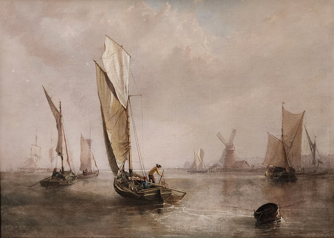 Chas E Strong 28x38 O/C Sailing Vessels off Shore: Chas E Strong (UK, d 1856) 28x38 , O/C , signed lower right, M.A. , Sailing Vessels off Shore size as framed: 37.5 x 47.5