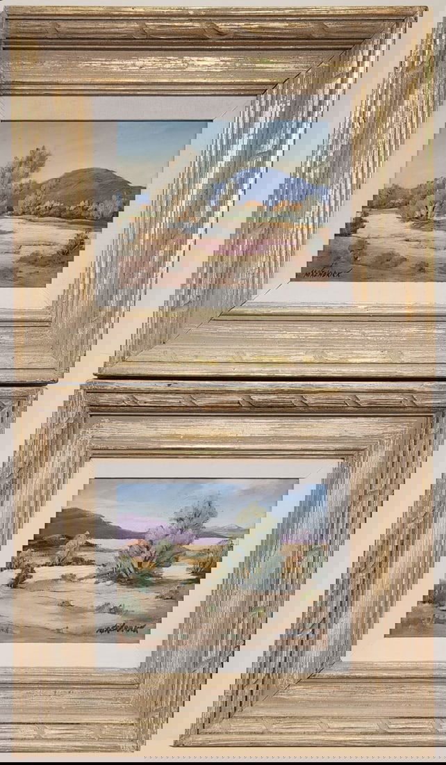 Max Kendrick (2) 8x10 O/B Desert Scenes: Max Kendrick (CA) (2) 8x10 , O/B , both signed , Desert Scenes "Smoke Trees and Verbenas", Fish Creek Canyon, "Smoke Trees and Creasote Bush", both in Southern CA, each size as framed: 16 x 18