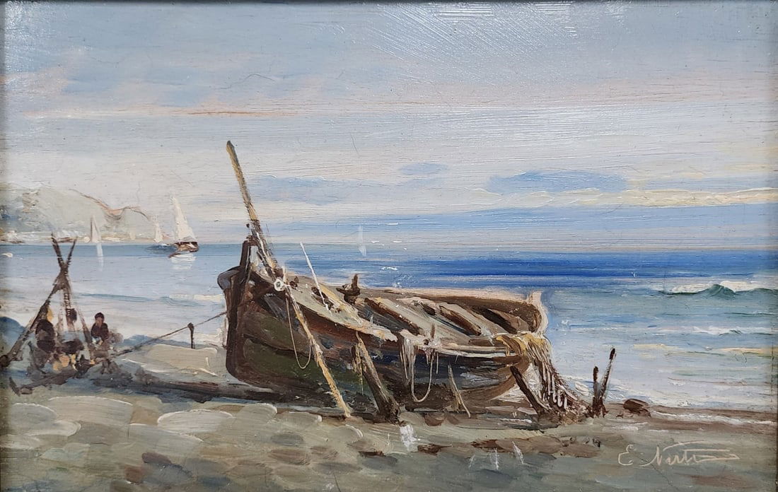 Elizabeth Nutt 8x12 O/B Fishing Boat on Beach: Elizabeth Nutt (CA/England, 1870-1946) 8x12 , O/B , signed lower right , Fishing Boat on Beach as framed: 12x16
