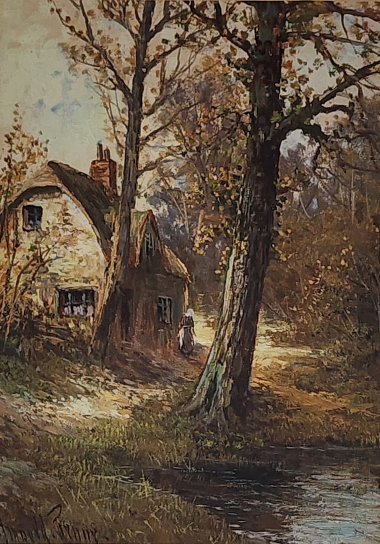 Arnold Pienne 13x9 O/P English Cottage, Figure: Arnold Pienne (UK, 19th/20th Cent) 13x9 , O/P , signed lower left , English Cottage, Figure , Condition: frame is damaged size as framed: 22 x 17.5