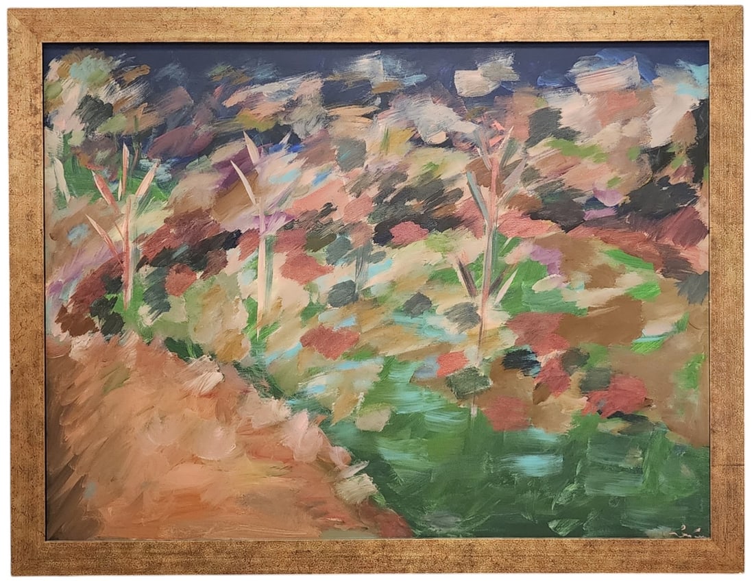 Unclearly Signed 36x48 Acrylic Abstract Composition: Unclearly Signed (20th Century) 36x48 , Acrylic , signed lower right , Abstract Composition as framed: 40.75 x 52.5