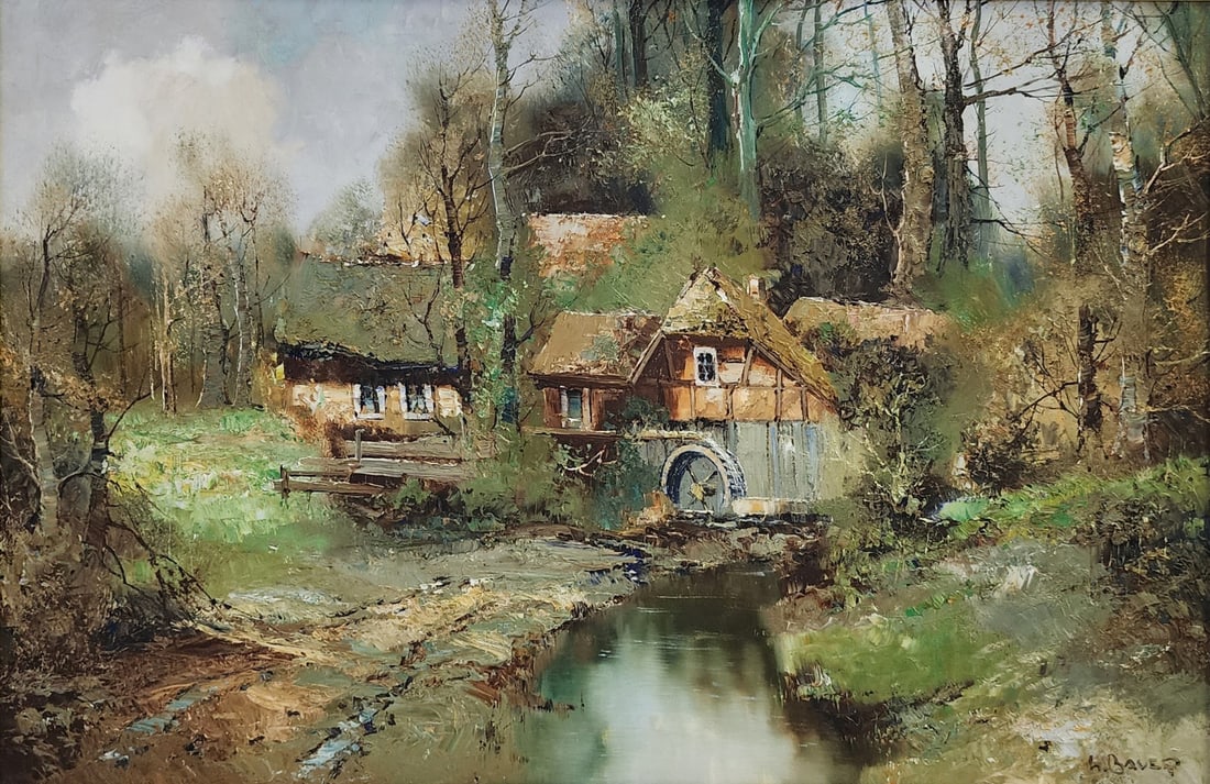 Willi Bauer 24x36 O/C European Grist Mill: Willi Bauer (German, b 1923) 24x36 , O/C , signed lower right , European Grist Mill size as framed: 31.5 x 43.5