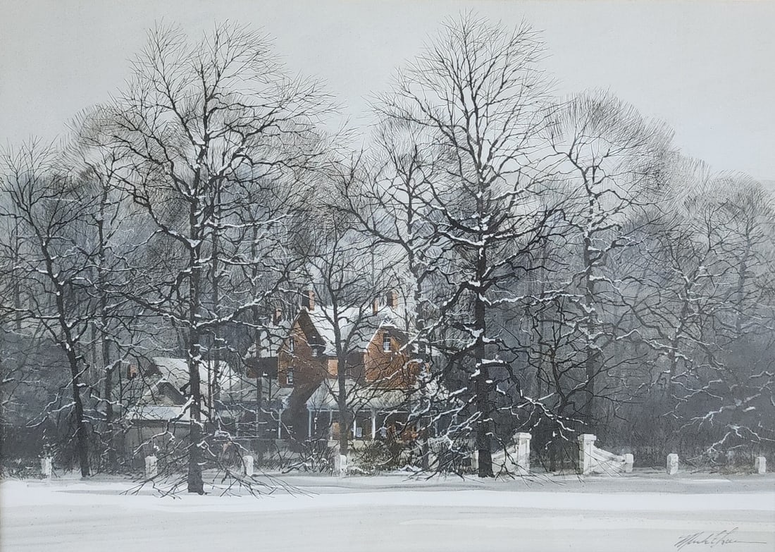 Mark Loner 16x22 Tempura Crawfordsville Home: Mark Loner (IN) 16x22 , Tempura , signed lower right , Crawfordsville Home Folger Gallery, Carmel, IN, tag verso, size as framed: 24.5 x 31