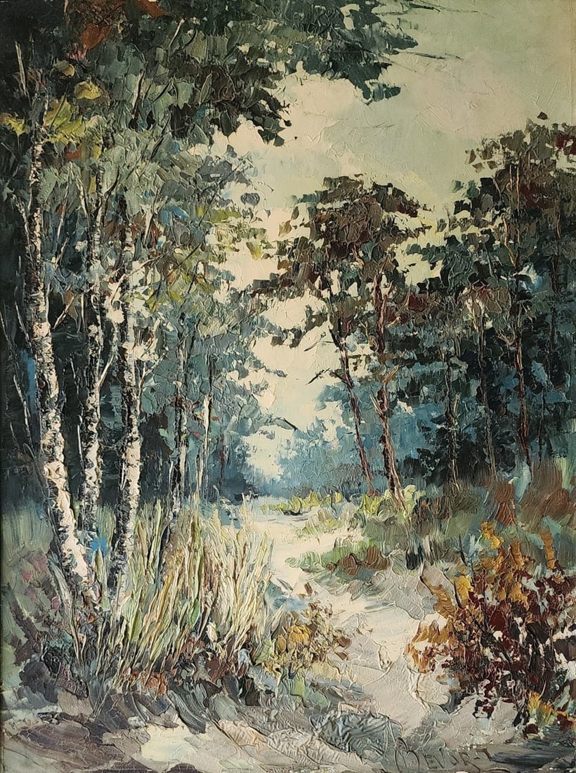Jan Bevort 32x24 O/C Early Winter Forest View: Jan Bevort (1917-1996, Dutch) 32x24 , O/C , signed lower right , Early Winter Forest View , Depicting: View from Cafe , Condition: Repair upper right Size as framed 39.75" x 31.5" Johannes Hubertus
