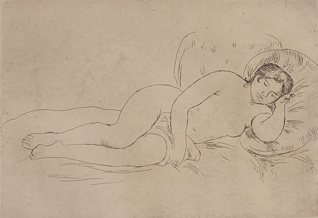 Restrike Etching, Pierre Auguste Renoir: "Femme Nue Couchee", 1906, restrike etching, Pierre August Renoir (France, 1841-1919), depicting reclining woman on sofa, sight: 6.5 x 9, as framed: 12.5 x 14