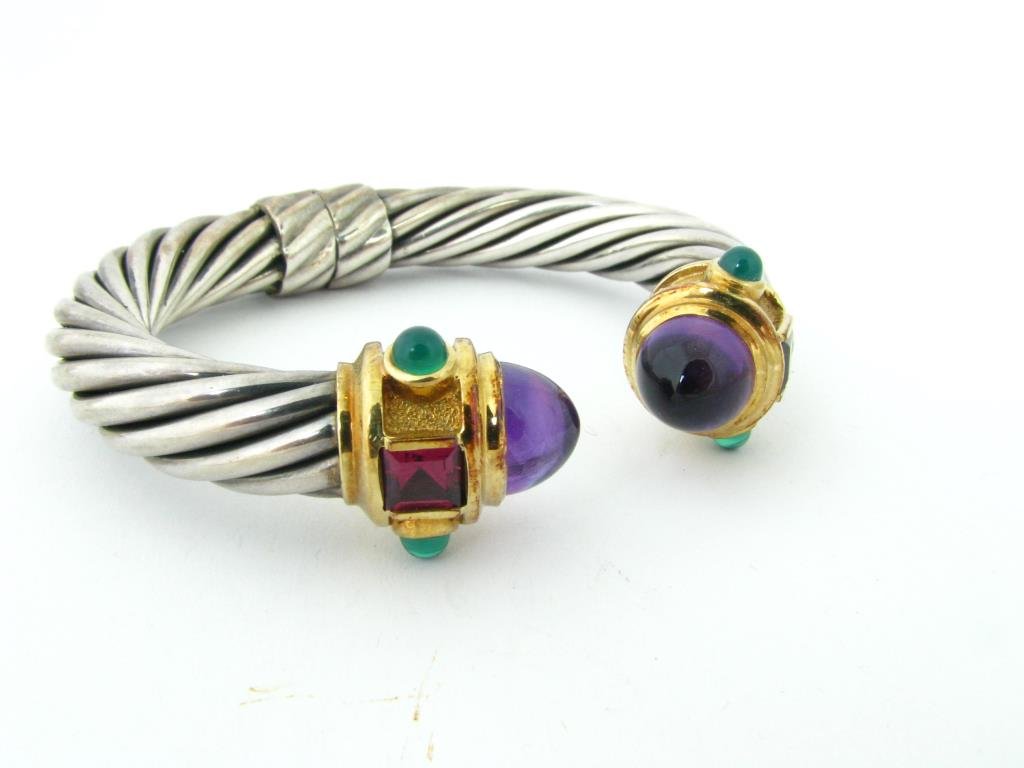14K/Sterling David Yurman Cable Bangle, Amethyst: A 14K yellow gold and sterling David Yurman Cable Bangle bracelet with amethyst and green chalcedony, with pouch, 2.125" interior dimension, 26.3dwt
