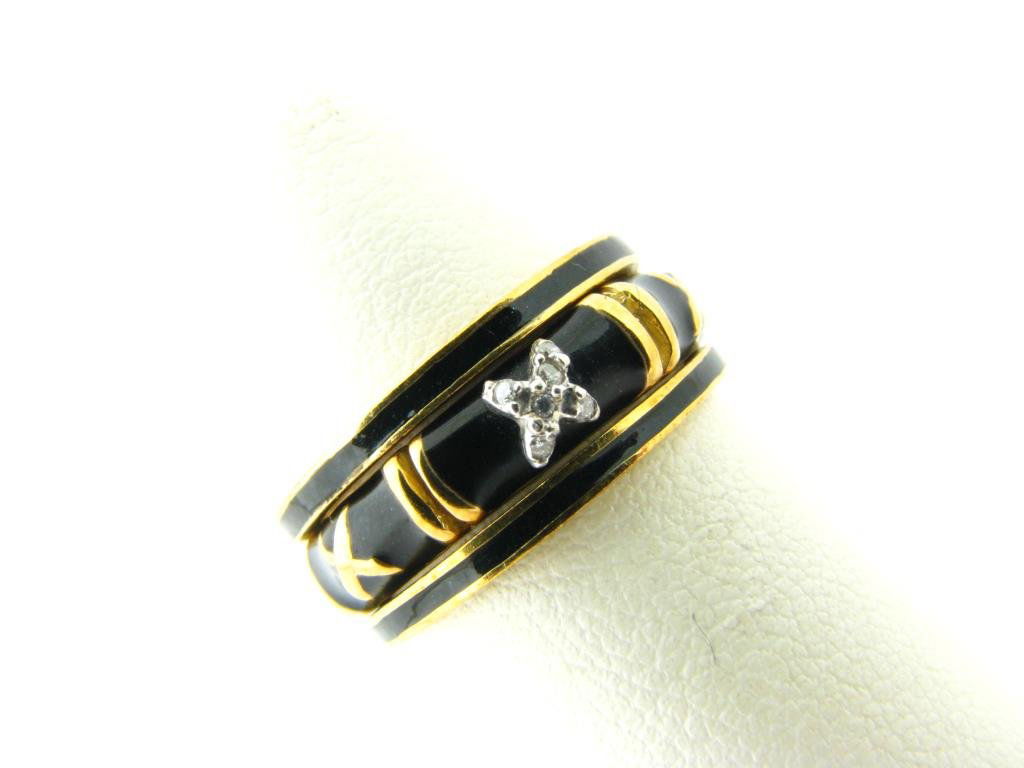 Hidalgo 18K Yellow Gold Stack Rings, Diamond: A set of three Hidalgo 18K yellow gold stack rings with black enameling and diamond "X", size 5.25, 4.9dwt
