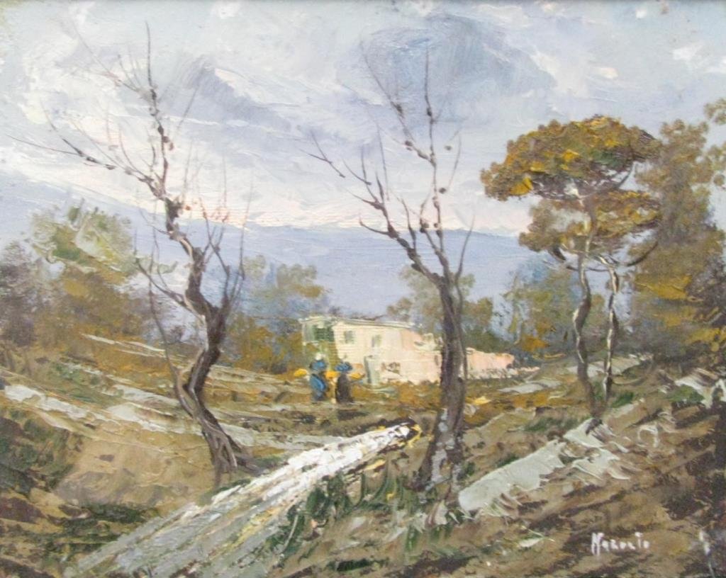 Manente 9x12 O/B Figures in a Landscape: Manente, 9.5 x 12, oil on board, signed lower right, depicting figures in a landscape, framed in shadow box type frame