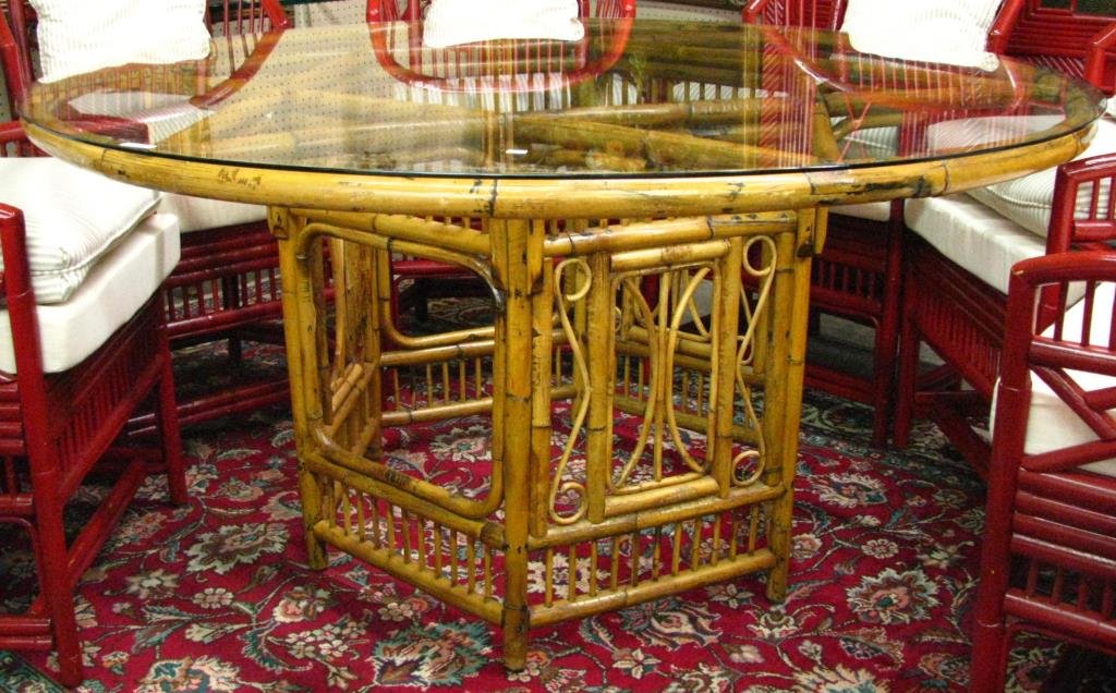 Glass Top Rattan Round Dining Table: A glass top rattan round dining table, 60" diameter