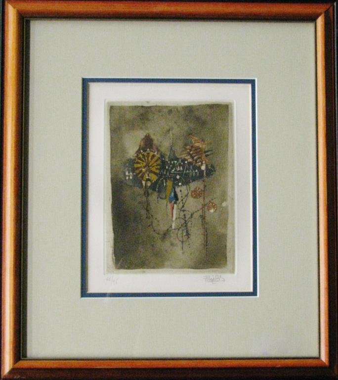 Johnny Friedlander Lithograph Ltd. Ed.: Johnny Friedlander (1912-1992) limited edition lithograph, pencil signed lower right, numbered 65/95, abstract, image size 9.5 x 7.5, size as framed 17.5 x 15.25