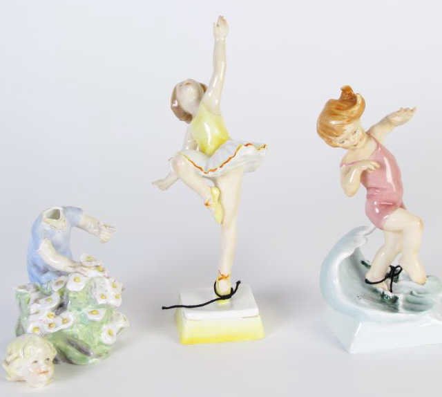 Three Royal Worcester Figurines: Three Royal Worcester figurines, including "Tuesday's Child is Full of Grace" no. 3258, "July" no. 3440, and "May" no. 3455 (needs repair, head detached)